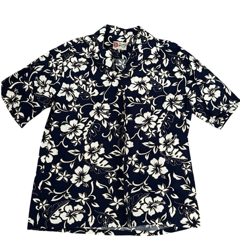 Hilo Hattie Navy Blue Classic Hibiscus Pareo Floral Print Hawaiian Shirt Size XL